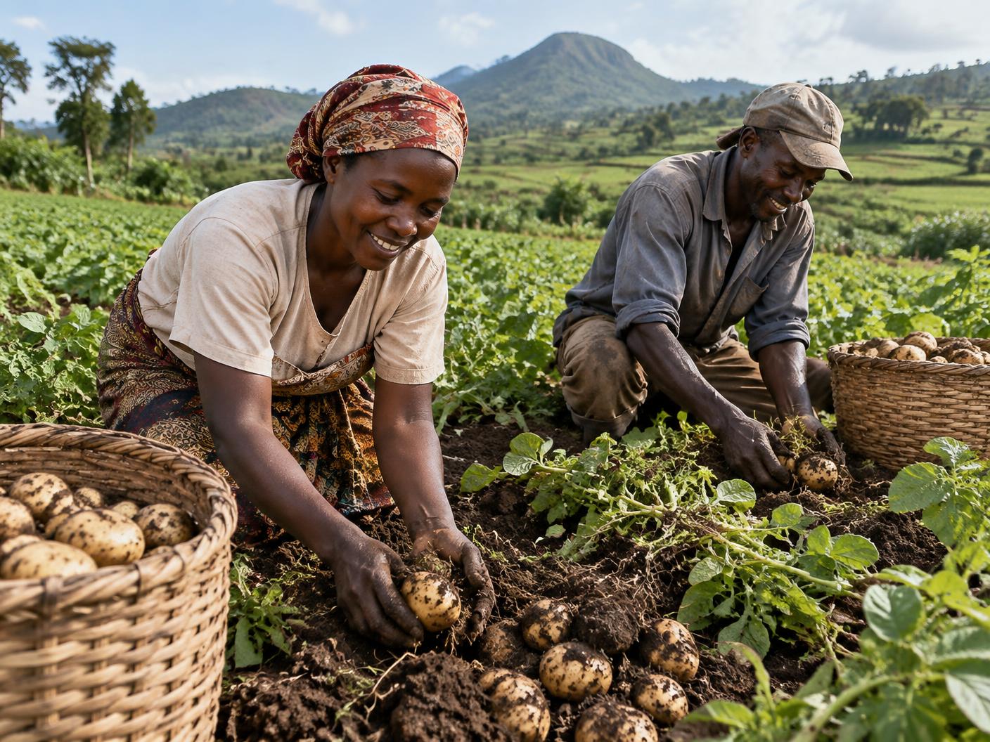 Agricultores moçambicanos durante a colheita de batata
