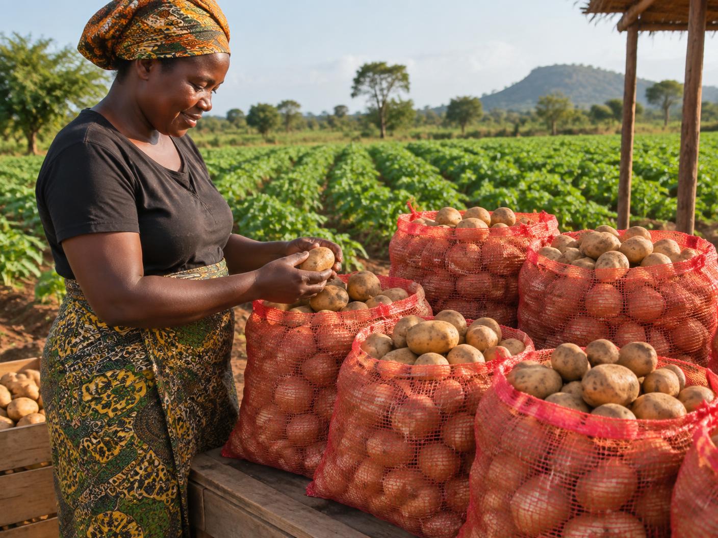 Produtora moçambicana organiza sacos de batata para venda